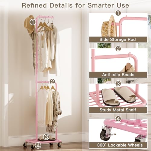 Small Rolling Clothing Rack with Shelf, Narrow Clothes Rack with Wheels | Gasvadivum 71" Tall Sturdy Metal Garment Rack with Hanging Rod, Freestanding Portable Coat Rack for Bedroom, Entryway, Pink - color: Pink