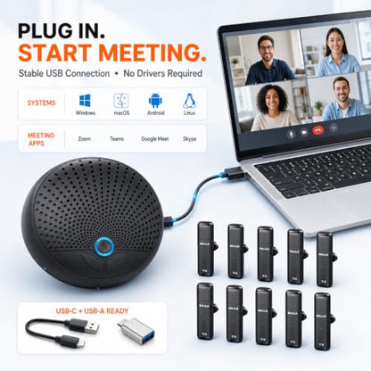 CM300 Conference Speaker with 10 Wireless AI Mics, 360° Pickup, 65FT Range, Noise Reduction, Echo Cancellation, Full Duplex USB Speakerphone for 10-Person Meetings, Zoom and Microsoft Teams - color: Black