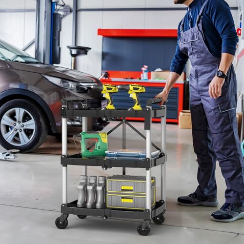 YITAHOME 3-Tier Folding Utility Cart with Wheels (2 Brakes), 240lbs - size: 240 LBS with 23.03" L x 15.35" W x 32.6"H