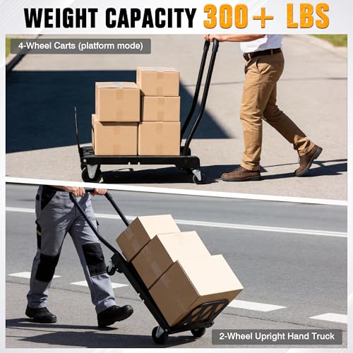 Folding Hand Truck with 4-Wheel Mode, 2 in 1 Collapsible Push Cart & Fold-Up Toe Plate – 300lbs Heavy Duty Dolly Pull Cart with Wheels Portable Hand Truck for delivery, Warehouse & Moving