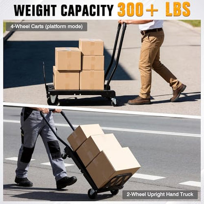 Folding Hand Truck with 4-Wheel Mode, 2 in 1 Collapsible Push Cart & Fold-Up Toe Plate – 300lbs Heavy Duty Dolly Pull Cart with Wheels Portable Hand Truck for delivery, Warehouse & Moving
