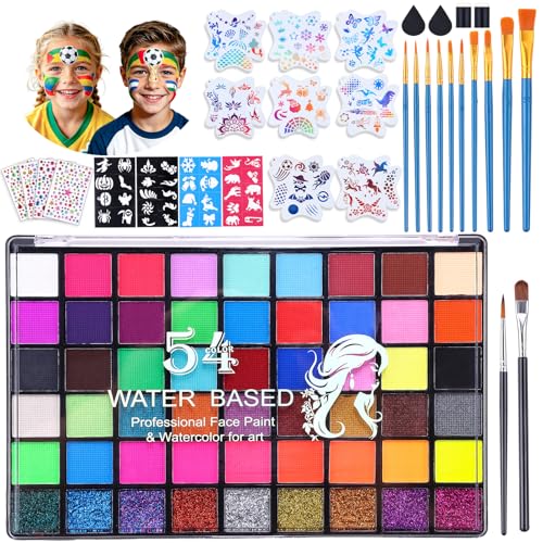 54 Color Face Painting Kit, Face Painting Supplies with Stencils, Gems, Brushes, Sponges, Water Activated Facepaint Makeup Kit for Halloween, Parties, Carnival,School Event