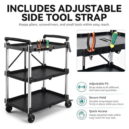 YITAHOME 3-Tier Large Folding Utility Cart w/Wheels(2 Brakes), 300lbs - size: 300 LBS with 31.1"L x 19.2"W x 41.3"H