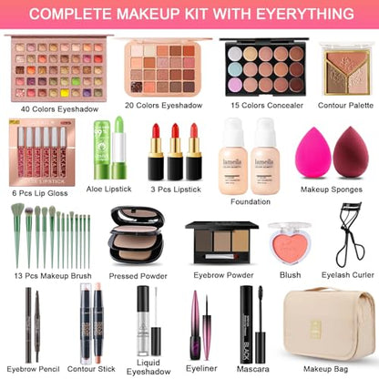All in One Makeup Kit for Women Full Kit, Professional Travel Makeup Kit for Women & Teens, Foundation Eyeshadow Lipstick Brow Pencil Eyeliner Contour Powder, Complete Make Up Gift Set for Beginners