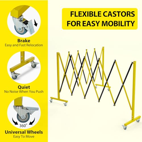 Garvee 19.8 ft Industrial Expandable Metal Barricade, Rotatable & Portable Safety Barrier with a Warning Board and Casters, Retractable Traffic Fence Mobile Safety Barrier Gate Yellow Black - size: 19.8FT
