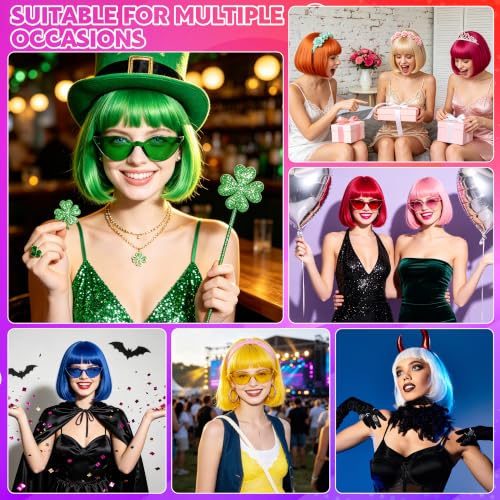 Short Bob Straight Hair Wigs with Bangs, Heat Resistant Fiber Hair, Cat Eye Glasses for Women (Hot Pink) - color: Hot Pink