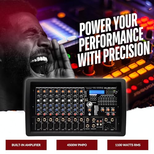 MUSYSIC 8 Channel 4500W Digital DJ Audio Mixer Power Soundboard | with Amplifier 7-Band EQ, 16 DSP FX, Phantom 48V, USB, SD, Bluetooth, FM, XLR Mixing Board for Music - MU-MX8fxD