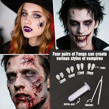 Vampire Makeup SFX Kit - 4 Pairs Fake Fangs Teeth with Adhesive, Realistic Washable Fake Blood, Red Lipstick, Halloween SFX Cosplay Makeup Set for Vampire Costumes , Theatre,Cosplay - color: Red #1