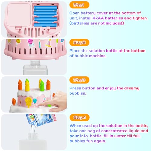 Panamalar Birthday Cake Bubble Machine, Automatic Bubble Blower Machine for Kids Toddlers with Music/Lights/Solution,10000+ Bubble/Min 13 Holes Bubble Maker Toys for Outdoor Birthday Wedding Gift - color: Pink