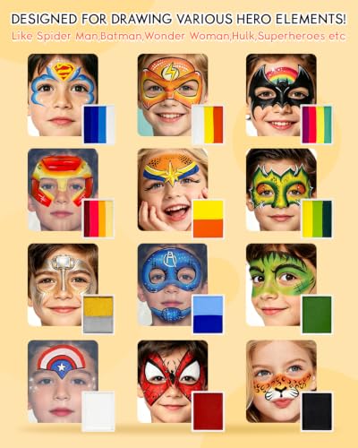 Anka Bella Face Paint Kit for Kids – 12 Colors Water Based Face Paint Palette with Brushes & Stencils, Non Toxic Washable Body Paint for Halloween, Birthday Party, Carnival, Cosplay Makeup - color: HeroVibe Palette