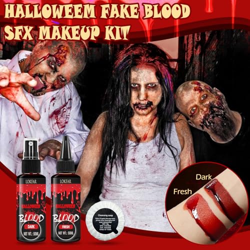 3PCS Halloween Fake Blood Makeup Kit, Fake Blood Spray 50ML + Dripping Blood 50ML + Cleansing Soap, Fake Blood Washable for Clothes Face Zombie Monster Vampire Cosplay SFX Makeup (Dark + Fresh) - color: Dark + Fresh (3PCS Kit)