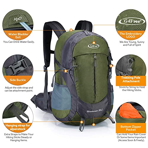 G4Free 35L Hiking Backpack for Women Men, Water Resistant Outdoor Sports | Nylon Water Resistant, 35L (19.7"*12.6"*8.7"), Camping, Climbing, Travel Daypack, Lightweight backpack with Rain Cover - color: Army Green