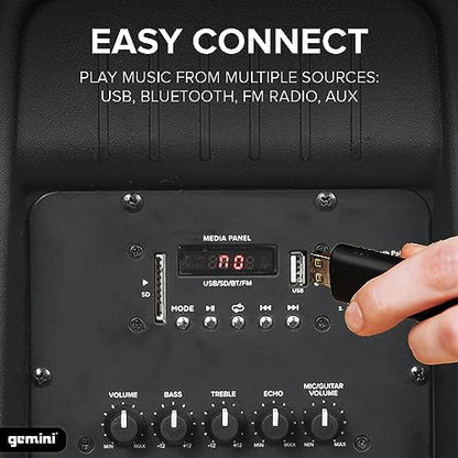 Gemini 15" Battery Bluetooth PA Speaker, 500 Watts (AS-15TOGO) | 15" battery PA, 5-8 hr, car charger - Bluetooth, USB, SD, FM, AUX - mic & guitar inputs, echo - size: 15 in