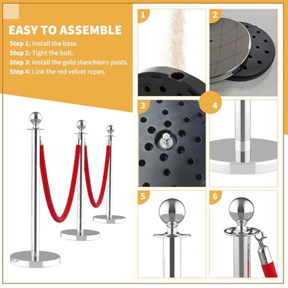 4Pcs Stanchions Post and Velvet Ropes, Crowd Control Barriers with Weighted Base, Red Carpet Runner Poles, Retractable Safety Barriers for Party, Wedding, Theater, Event, Hotel - color: 4 pack, size: without Red Carpet