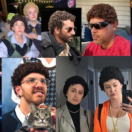 Adequate Mens Short Afro Curly Wig for Male，70s 80s Disco Guy Rocker wigs，Halloween Cosplay Fancy Wigs for Daily Party Costume (Brown) - color: Light Brown