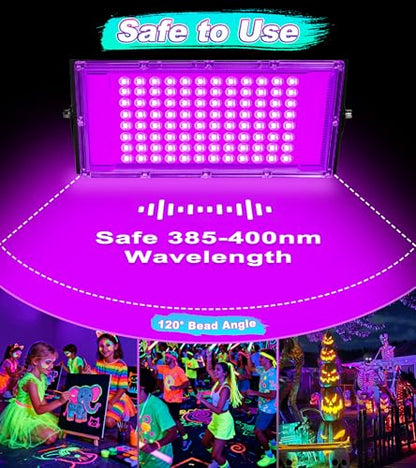 TigQiang 100W 2 Pack Black Light, Glow Party Supplies, Blacklight Halloween | IP66 Waterproof, Blacklights Flood Light for Neon Parties, Body Paint, Birthday, Fluorescent Poster, 6Ft Cord & Plug & Switch - size: 100W-2Pack