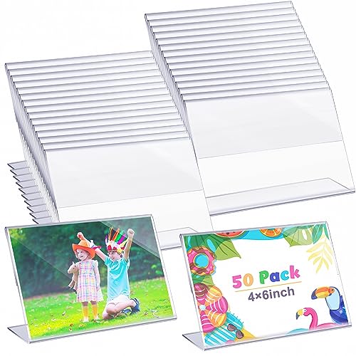 Soaoo 50 Pcs Acrylic Picture Frames Bulk 4 x 6 Inch Plastic Sign Holder Clear Frame Horizontal L Shape Acrylic Photo Slanted Back Plastic Picture Display Stand Flyer Holder for Office Home Desktop