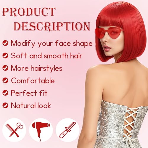 2 Pack Red Bob Wig with Bangs Heart Sunglasses for Women, Neon Bobs Funny Party Wigs Synthetic Hair for Adults Halloween Cosplay Costume Clubs Celebration Christmas Bachelorette Party - color: Red