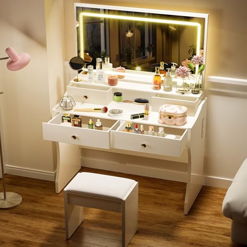 COMHOMA Makeup Vanity Desk with Mirror and Lights, Vanity Table and Chair Set with 5 Drawers & Charging Station, Bedroom Dressing Table, Stepless Dimmable & 3 Color Modes Adjustable, Snow White - color: Snow White, size: Large