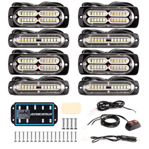 8-pcs Sync Feature LED Emergency Strobe Lights Ultra Slim Grille Surface Mount Flashing Warning Hazard Light Bar w/Controller for Construction, Trucks, Vehicles, Car (B/W) - color: B/W, size: 8×4.5in