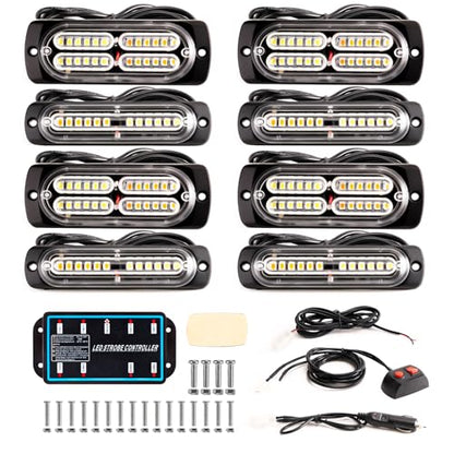8-pcs Sync Feature LED Emergency Strobe Lights Ultra Slim Grille Surface Mount Flashing Warning Hazard Light Bar w/Controller for Construction, Trucks, Vehicles, Car (R/W) - color: R/W, size: 8×4.5in