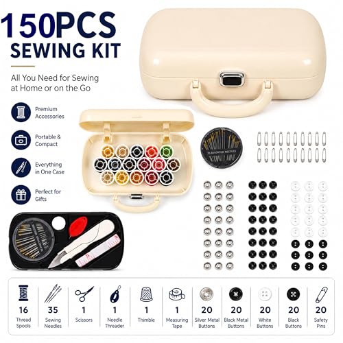 WANSHUNLMI 150 Pcs Creamy White Sewing Project Kit, Travel Family Sewing Supplies Repair Kit Portable Small Traveler Sewing Kit Sewing Thread Accessories DIY Sewing Supplies Organizer (White) - color: White