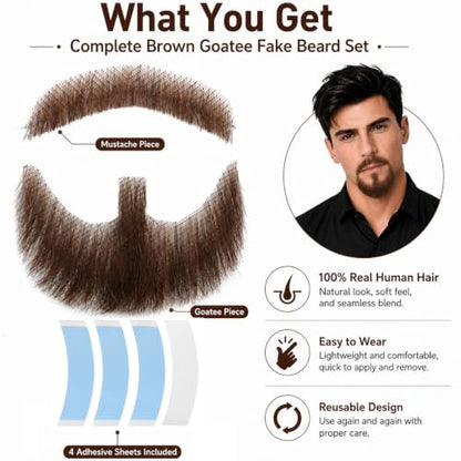 Hand-Tied Human Hair Fake Beard and Mustache for Costumes and Theater | Hand-knotted human hair on lightweight lace creates natural-looking facial hair for costumes, cosplay, theater and film - color: Style 1--brown