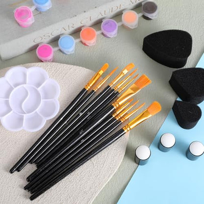17 PCS Face Paint Brushes and Sponges Set, Professional Face Painting Brushes with Paint Mixing Palette for Acrylic Painting, Watercolor, Oil, Gouache for Cosplay Party