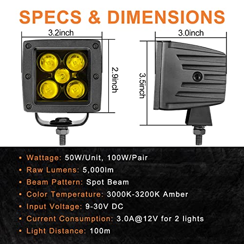 Amber LED Pods, RFROAD LIGHTING 2PCS 3Inch 100W Yellow Fog Lights Square Spot Beam LED Cubes for Truck Pickup Offroad Motorcycle UTV ATV SUV Front Bumper - color: 3 Inch Amber LED Pod Lights