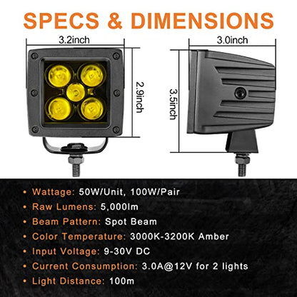 Amber LED Pods, RFROAD LIGHTING 2PCS 3Inch 100W Yellow Fog Lights Square Spot Beam LED Cubes for Truck Pickup Offroad Motorcycle UTV ATV SUV Front Bumper - color: 3 Inch Amber LED Pod Lights