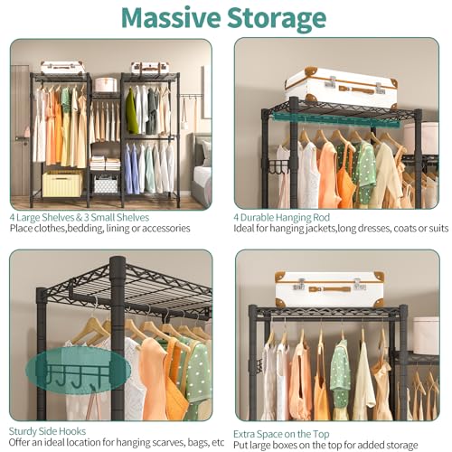 Heavy Duty Garment Rack, Portable Wardrobe Clothes Rack | Freestanding Adjustable Clothing Rack with 7 Tiers Adjustable Wire Shelving and 4 Hanger Rods, Max Load 920LBS Black - color: Black, size: B3: 5 Tiers with 4 Rods,72.4"L x 15.7"W x 76.8"H