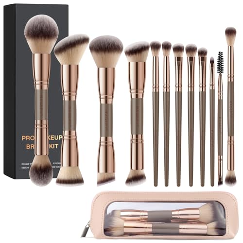 MAGEFY Makeup Brushes 12Pcs with Bag, Double-End Multi-functional for Foundation Powder Blush Eyeliner Eyeshadows brushes with Gift Box,Champagne - color: Champagne