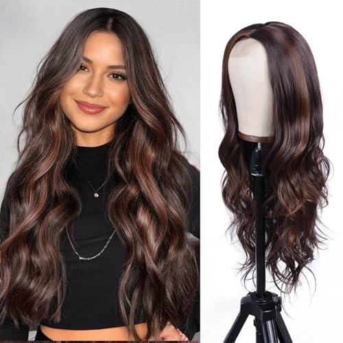 Aida ble Long Wavy Dark Brown Mix Blonde Highlight Wig for Women 26inch | Natural Looking Synthetic Hair,Suitable for Daily Wear,Party,Halloween and Cosplay,Beginner-friendly,Lightweight and soft - color: Dark Brown Mixed Blonde Highlight