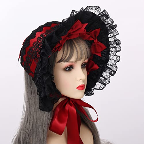 COSDREAMER Girls Women Victorian Bonnets Lace Flowers Tea Party Hats - color: Black Red