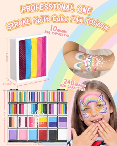 Professional Washable 24x10gm Face Paint for Kids & Adults,Water Based One Stroke Split Cake Face Painting Kit with Brushes,Non toxic ,Ideal for Easter/Parties/Halloween/Carnival - color: Multicolor