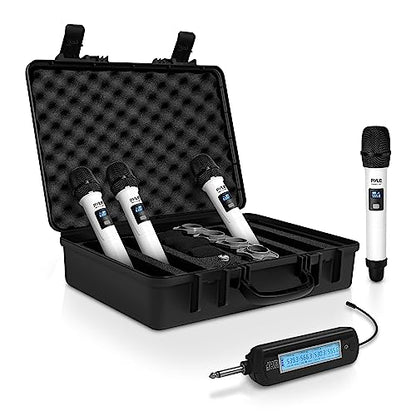4 Channel Wireless Microphone System, Portable UHF Band Receiver System, Independent Channel Controls, RF Signal LCD Indicator, Digital Audio Microphone Set with 4 Handheld Microphones (White) - style: Wireless-Set of 4 Mics