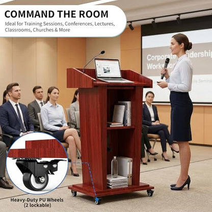 Tredre Wooden Podium Stand with Wheels, 41”–54.5” Height Adjustable Lectern | Mobile Podium with Crank Lift, Stable Base & Storage Shelf, Elegant Pulpit for Churches, Schools, Seminars and Auditoriums - color: Dark Cherry