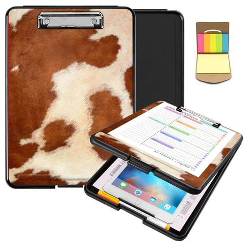 Clipboard with Storage,Heavy Duty Clip Boards 8.5X11 with Storage Pen Holder,Plastic Nursing Clipboards Foldable, A4 Legal Size Coaches Nurse Clipboard Folder Case-Cow Hide Animal Print Brown - color: Cow Hide Animal Print Brown