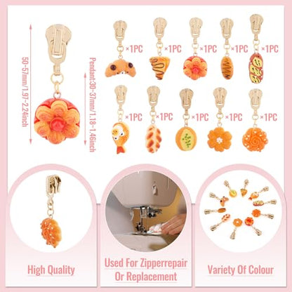 Sparkeads 10Pcs Bread Alloy Resin Zipper Replacement Slider,Cute Zippers Sliders for Sewing,Metal Zipper Pull Replacement for DIY Tailor Craft Bag Luggage Clothing Wallet Costume Jacket Supplies-Food - style: Food
