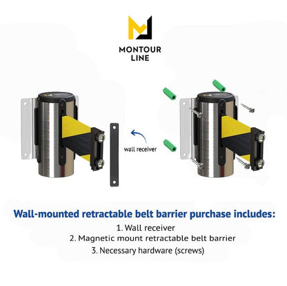 Montour Line WM115 Wall Mounted Retractable Belt Barrier with Magnetic Belt End, Magnetic Mount, Polished Stainless Steel Casing (8.5 ft Yellow with "Cleaning in Progress" Black Letters Belt) - color: Yellow With "Cleaning in Progress" Black Letters, size