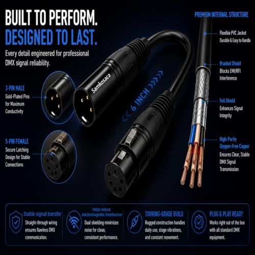 DMX 3 Pin to 5 Pin Adapter 2-Pack, 6-Inch XLR Signal Converter Male to Female DMX512 Turnaround Adapter, Zero Signal Loss for Stage Lighting, Moving Heads, LED Par, Church, Nightclub Lighting Rig