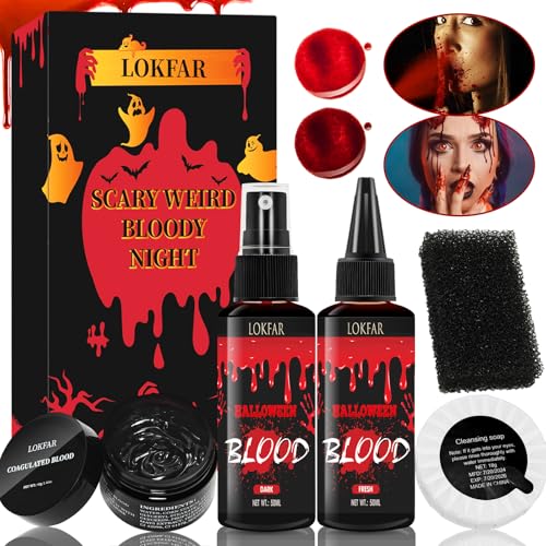 5PCS Halloween Fake Blood Makeup Kit, Fake Blood Spray 50ML + Dripping Blood 50ML + Coagulated Blood 1.41oz + Stipple Sponge + Cleansing Soap, Fake Blood Washable for Clothes Face Vampire SFX Makeup - color: Dark + Fresh (5PCS Kit)