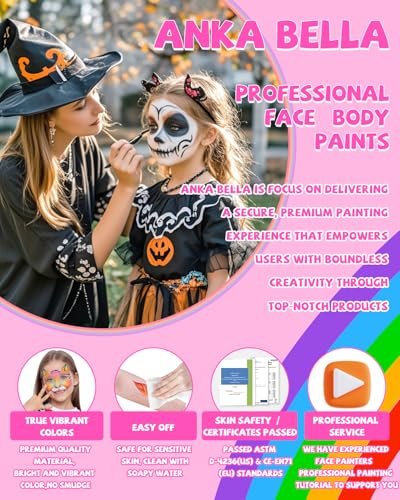 Anka Bella Professional Face Painting Kit,12X10gm Water Based Cake Face Paint with Stencil & Brushes,Hypoallergenic Safe & Non-Toxic,Gift for Birthday Parties/Halloween/Christmas - color: Rainbow Splicing set