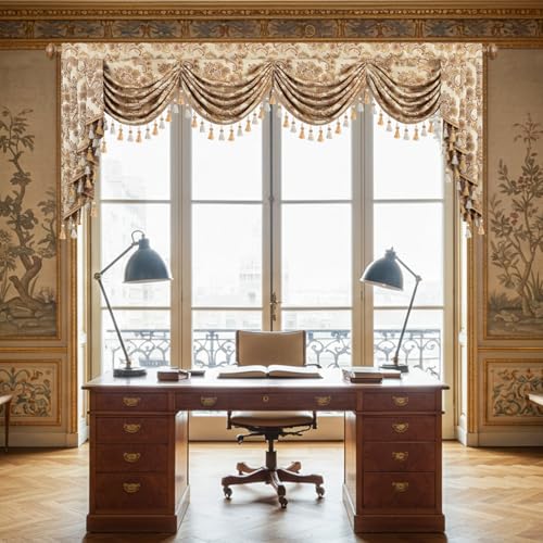 Leeva Waterfall Valance 110" Ultra Wide Buttercream, Antique Damask Jacquard & Elegant Drape Tassels, Swag Window Curtains for Bedroom Living Room, Rod Pocket Top - color: *Beige, size: 110"W x 45"L (Pack of 1)