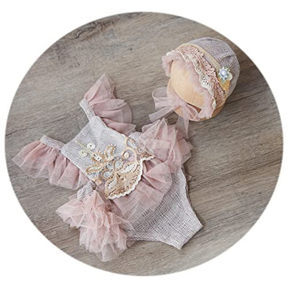 Zeroest Baby Girls Photography Lace Outfits & Props | Newborn Girl Photo Shoot Set with Romper, Headbands, Infant Photoshoot Prop - color: Wheat