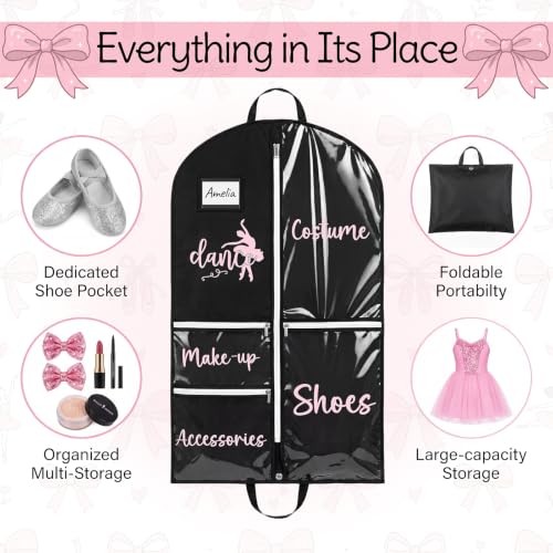 6 Pack Dance Garment Bag 40 Inch Hanging Dance Dress Bag with Clear PVC Pockets Costume Storage Bags Foldable Travel Garment Cover for Girls Ballet Recital Competition Daily Storage