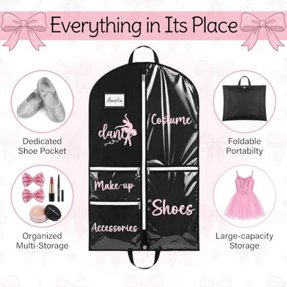 6 Pack Dance Garment Bag 40 Inch Hanging Dance Dress Bag with Clear PVC Pockets Costume Storage Bags Foldable Travel Garment Cover for Girls Ballet Recital Competition Daily Storage