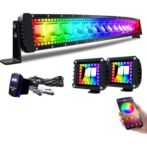 Lpteso RGBW Curved LED Light Bar 32Inch 180W Flood Spot Combo Beam 2PCS 4 Inch 18W Flood RGB LED Pods with 16 Solid Colors Chasing RGB Halo Ring Changing with Strobe Flashing with Rocker Switch Wiring - size: 32Inch RGB Curved LED Light Bar