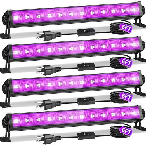 4 Pack 45W Black Light Bar with 6ft Cord+Switch, for Glow Party Halloween | LED Blacklight Fixtures 385-400nm, Each Light Up 25x25ft Area, for Body Paint Fluorescent Tapestry Poster Classroom Bedroom - size: 45W-4Pack