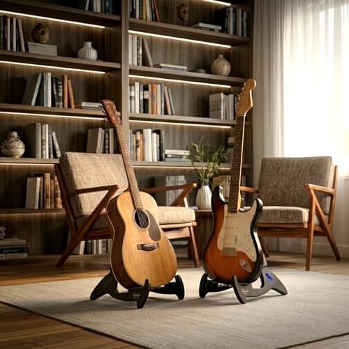 GUITTO Guitar Stand Tripod Adjustable Classic A-Frame Stand Universal for Acoustic and Bass Electric Guitars Folding Floor Travel Stand Small Single Holder (GGS-01) - color: black
